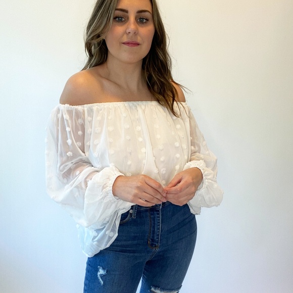 Esley Tops - White Polka Dot Off The Shoulder Top
